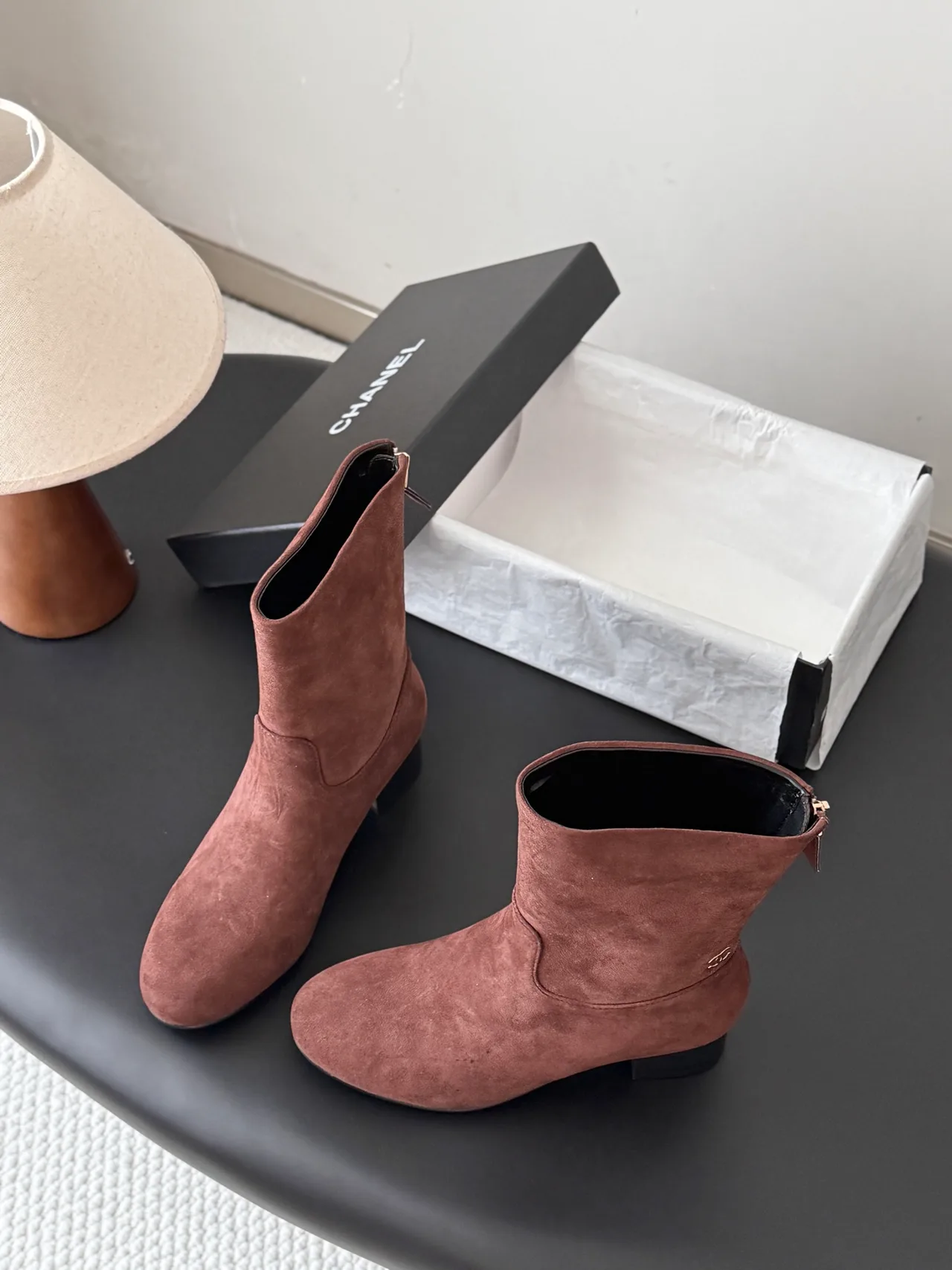 Chanel Sheepskin Suede-Look Ankle Boots in Brown · view 4