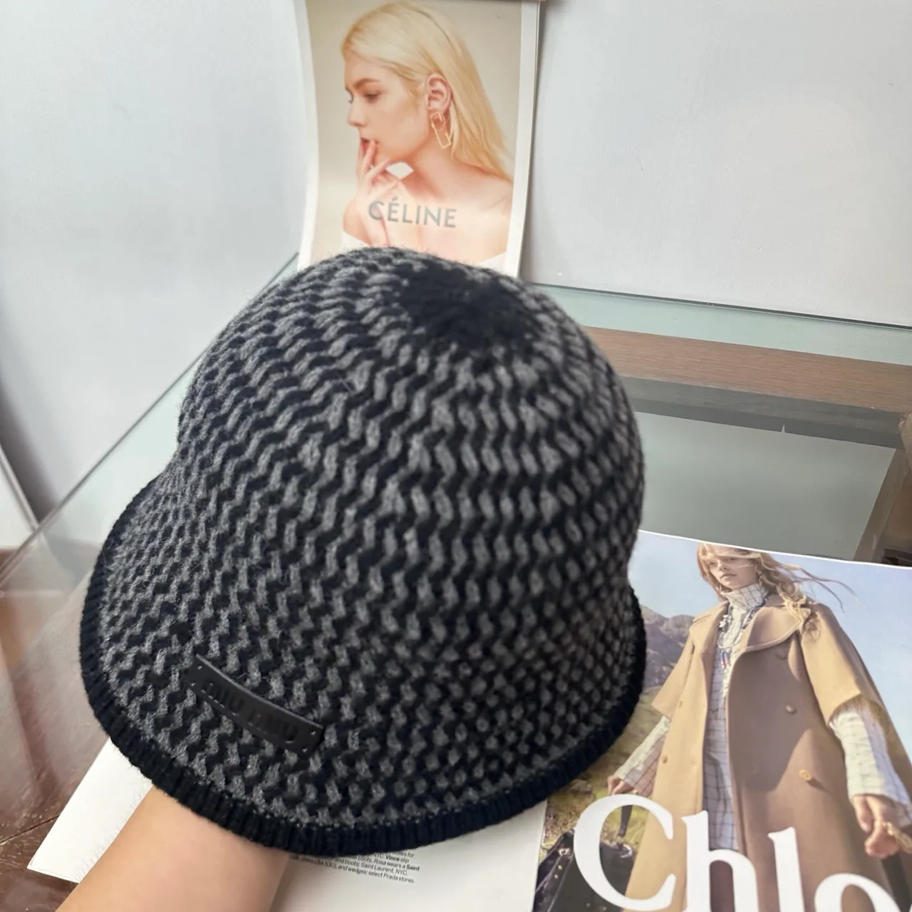 Miu Miu Chevron Knit Bucket Hat in Black · view 6
