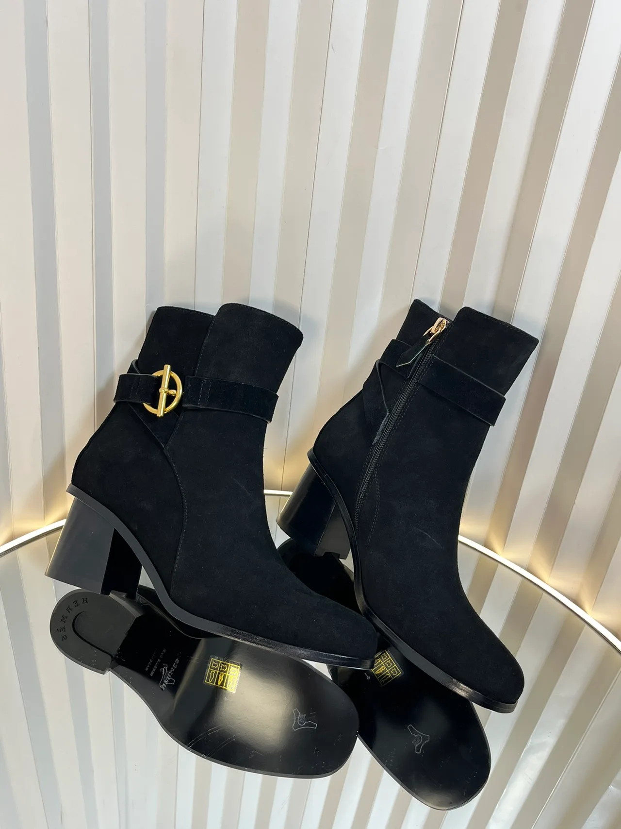 Calfskin D-Buckle Suede-Look Ankle Boots in Black · view 4