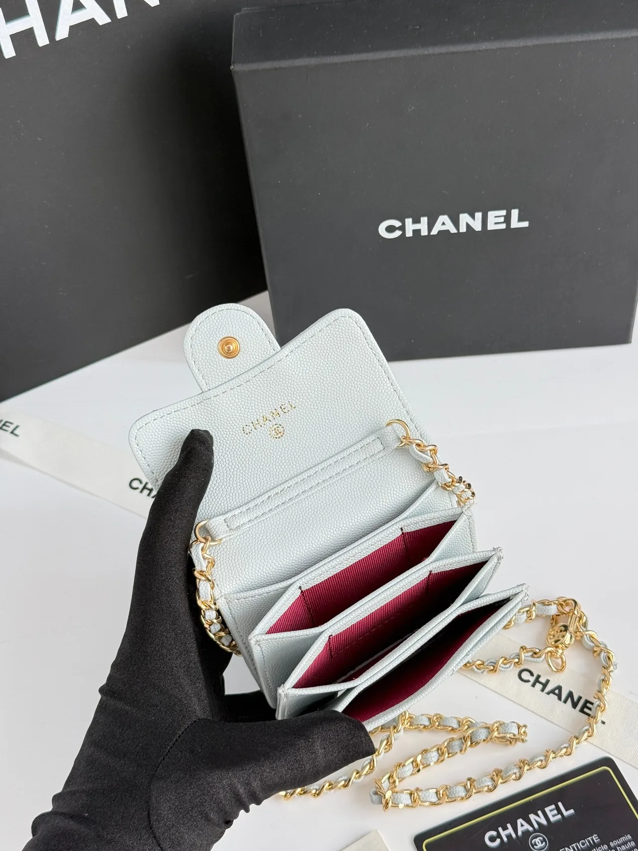 Chanel Quilted Chain Mini Wallet in Blue · view 8