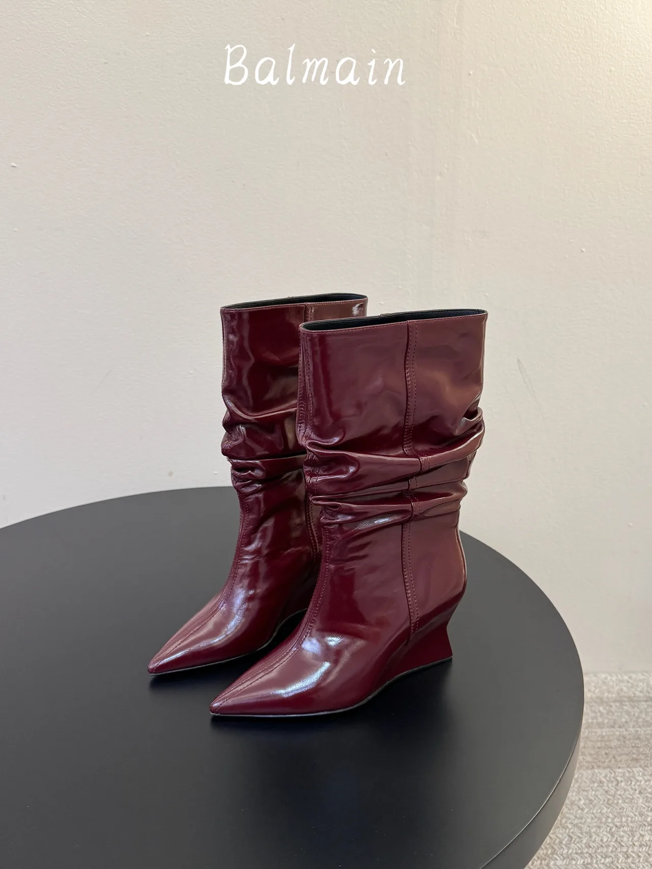 Balmain Denim Ribbed Glossy Pointed-Toe Mid-Calf Boots in Burgundy · view 5