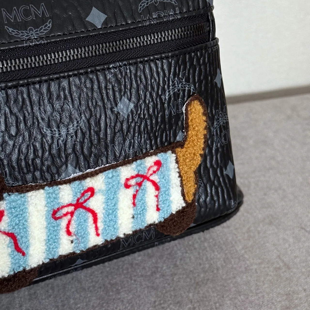 MCM Bear Embroidered Backpack in Black · view 6