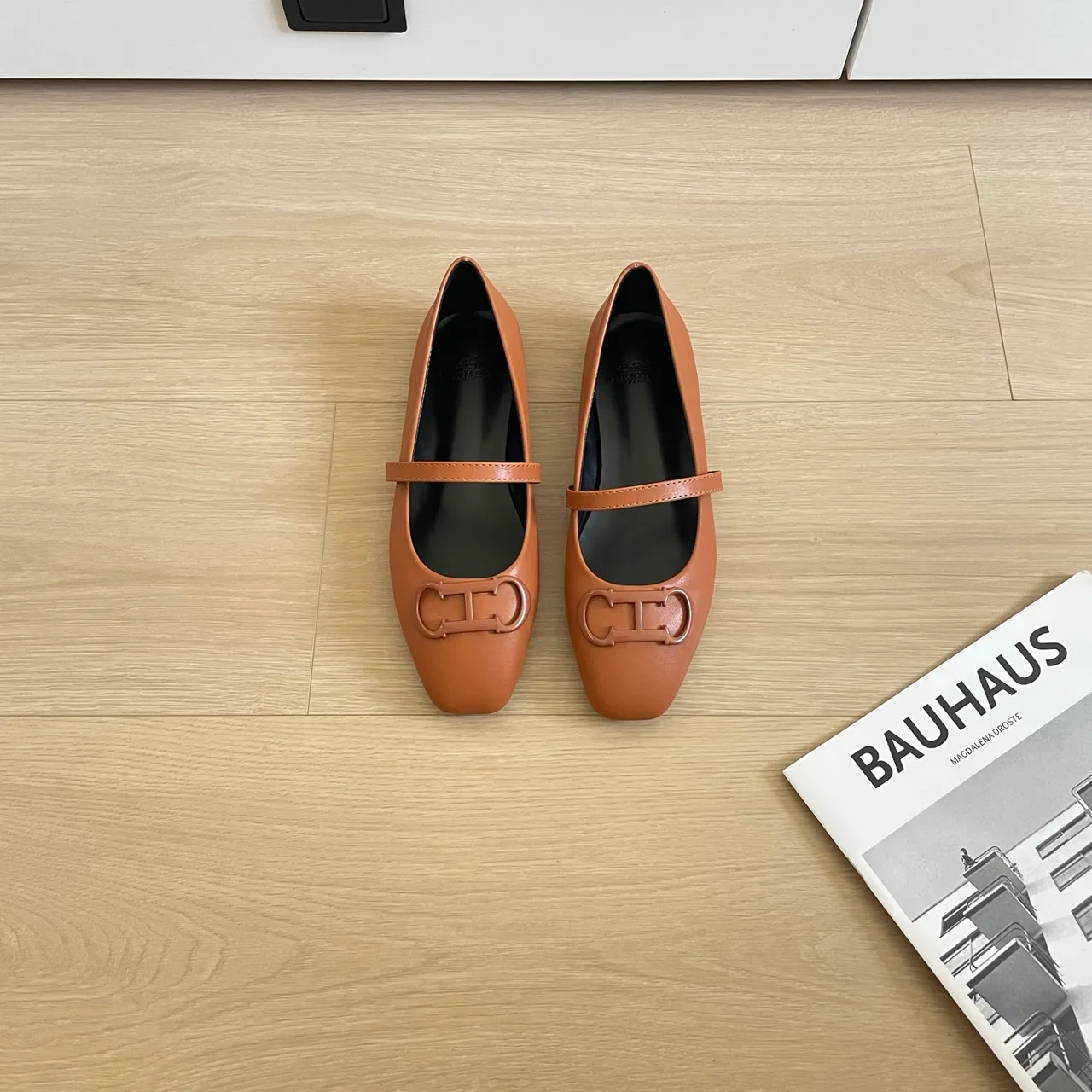 Hermes Leather Glossy Square-Toe Mary Jane Shoes in Tan · view 1