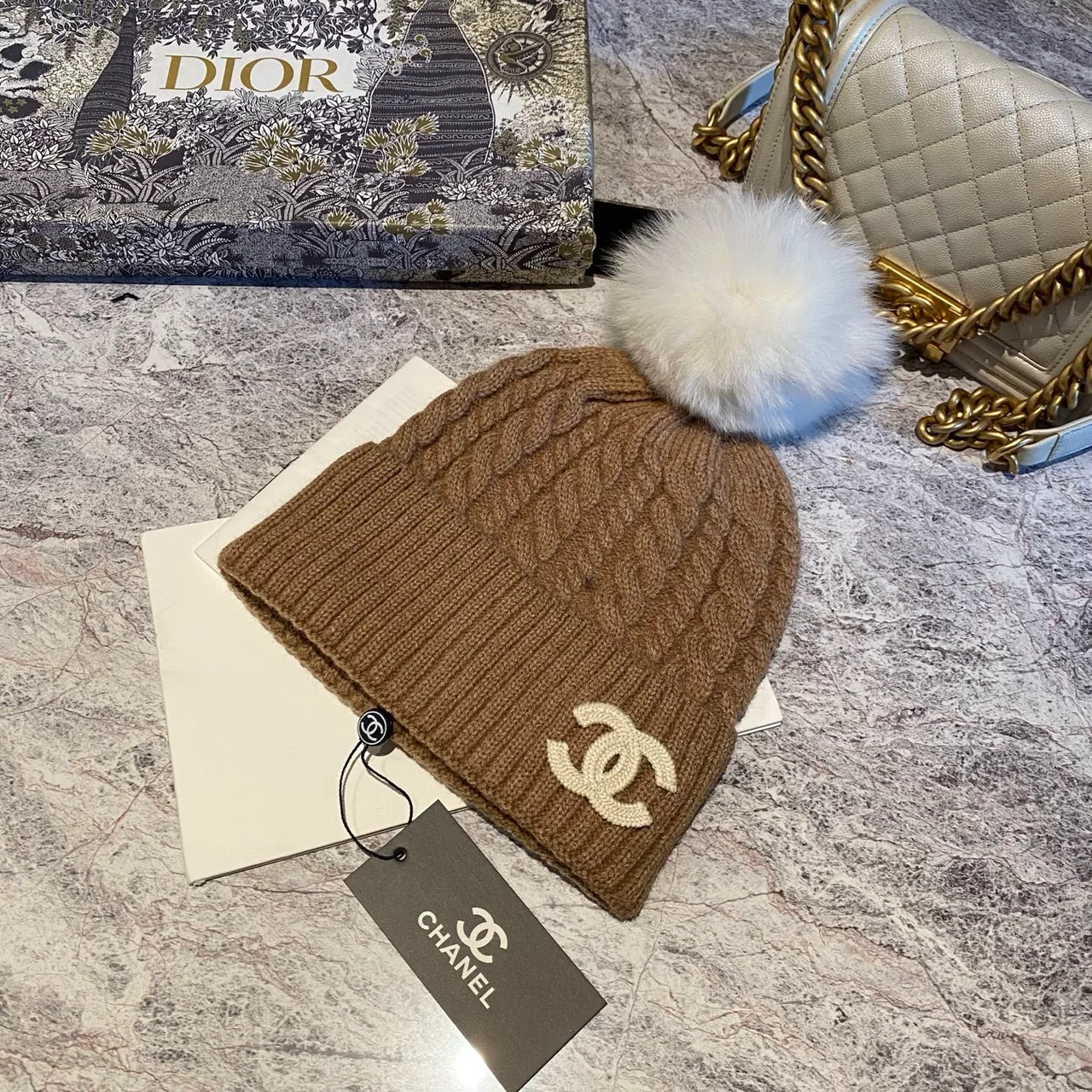 Chanel Pom-Pom Beanie in Black & White & Beige & Brown & Grey · view 4