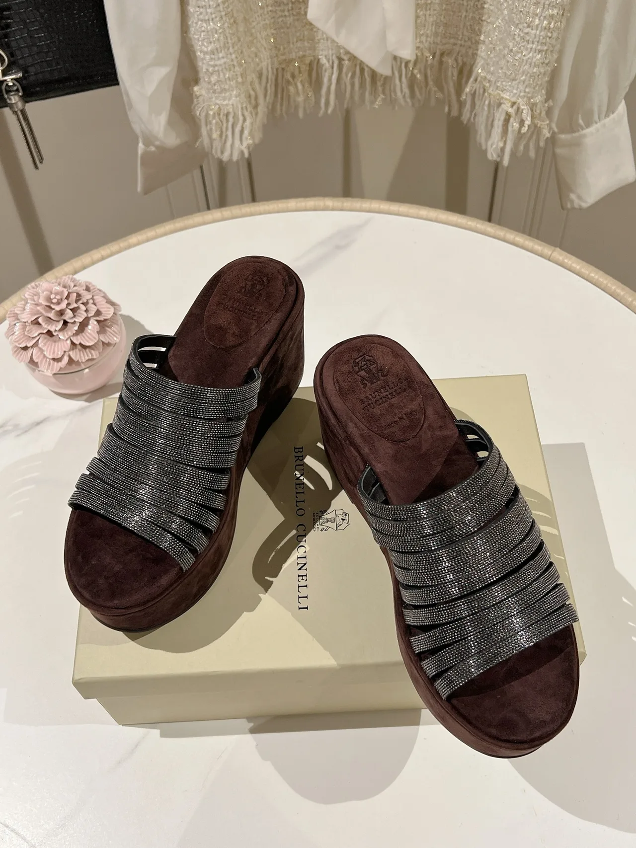 Brunello Cucinelli Beaded Slide Sandals in Grey · view 2