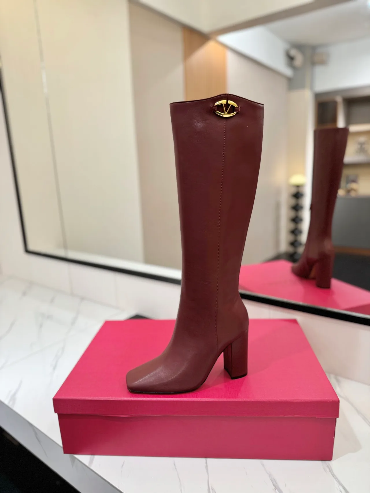 Valentino Cowhide Glossy Square-Toe Knee-High Boots in Burgundy · view 7