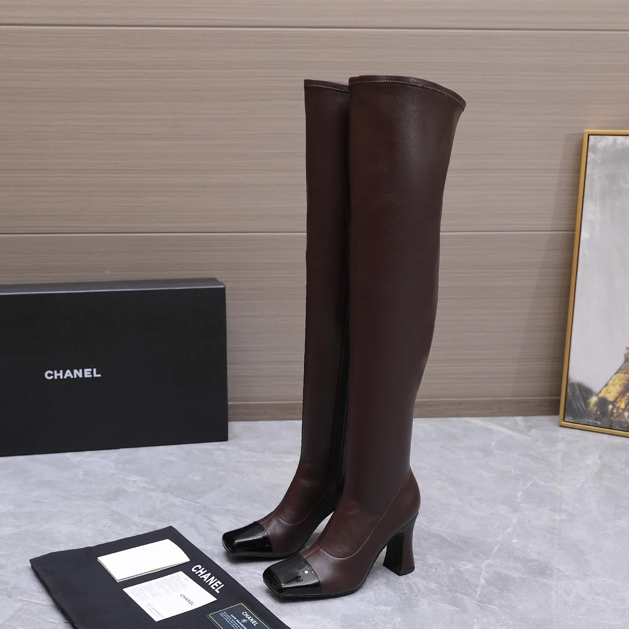 Chanel Cowhide Glossy Square-Toe Boots in Brown · view 3