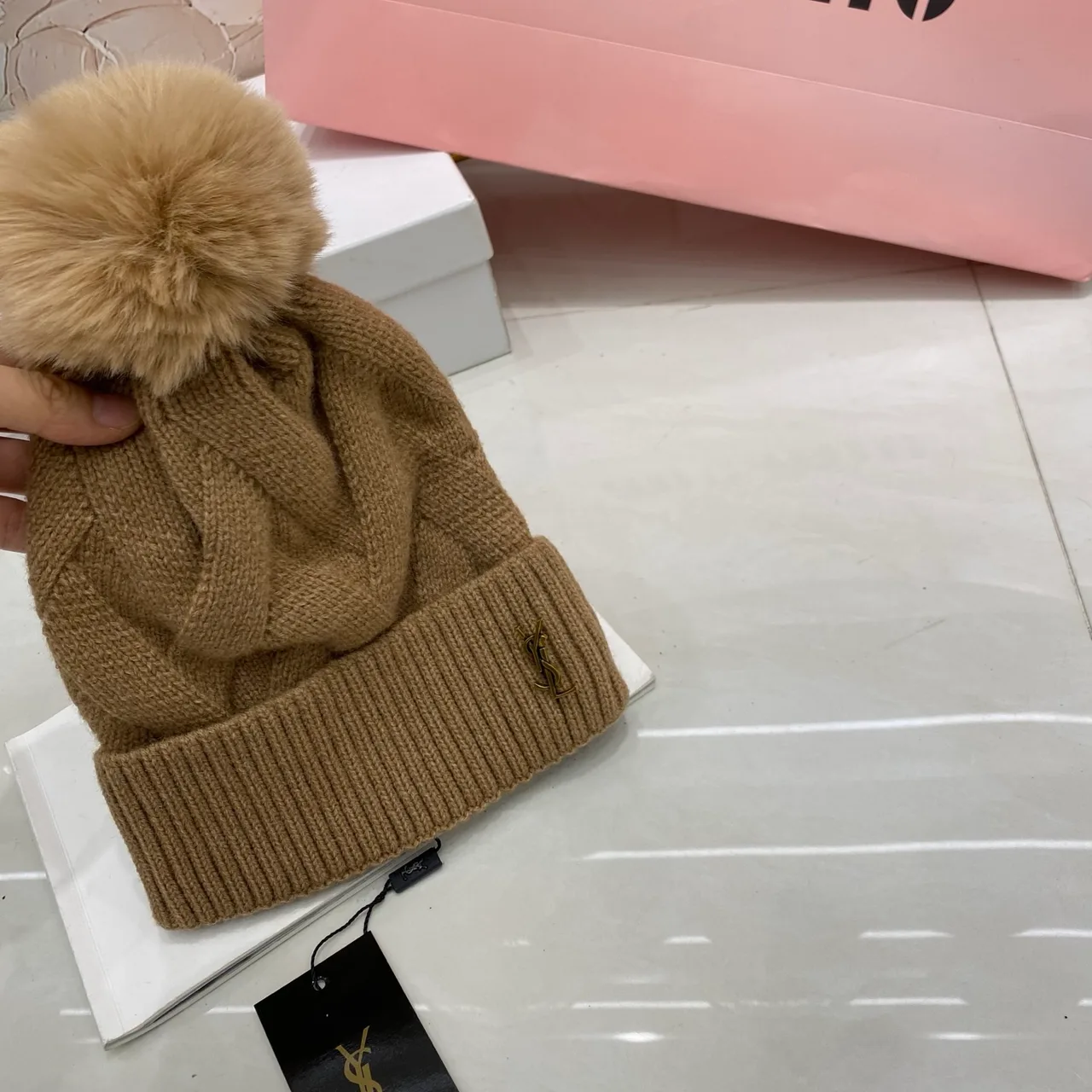 Saint Laurent Cable Pom Beanie in Black & White & Beige & Brown & Pink & Grey & Red · view 4
