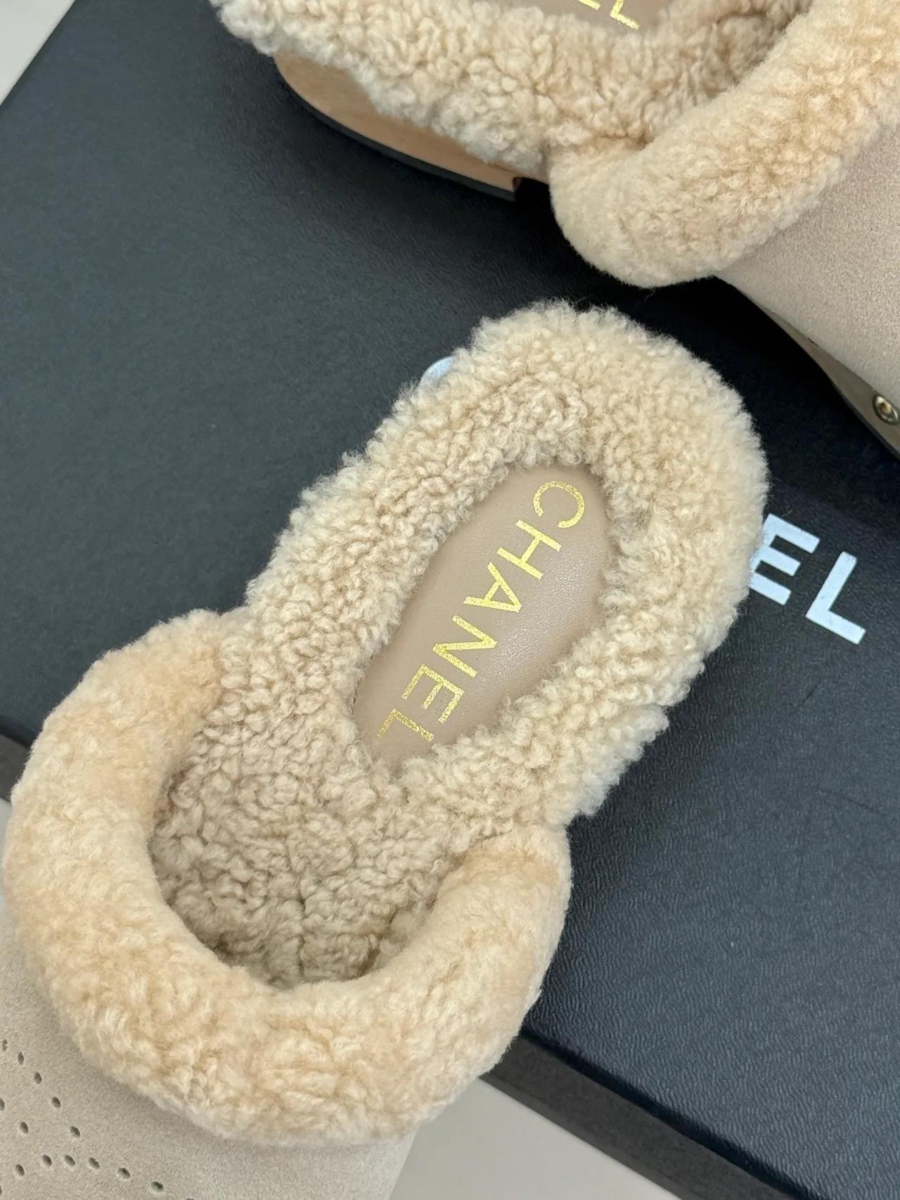 Chanel Patent Leather Wool Mules in Beige · view 8