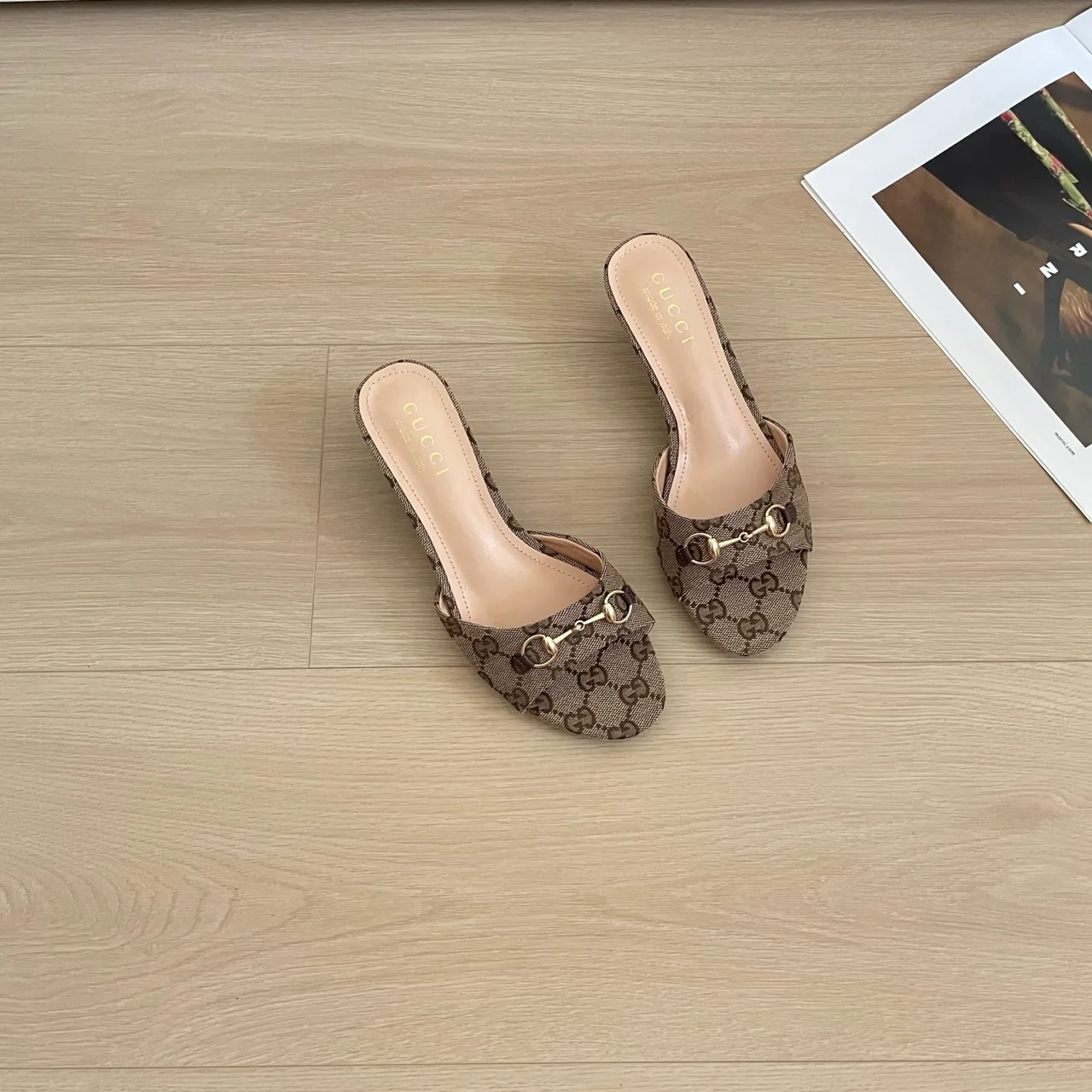 Gucci Canvas Square-Toe Buckle Mules in Brown · view 4