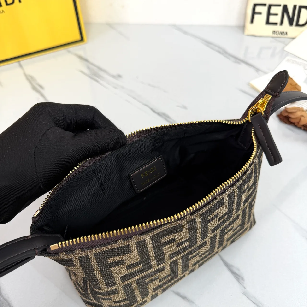 Fendi Baguette Cowhide FF-Monogram Open-Top Shoulder Bag in Brown · view 8