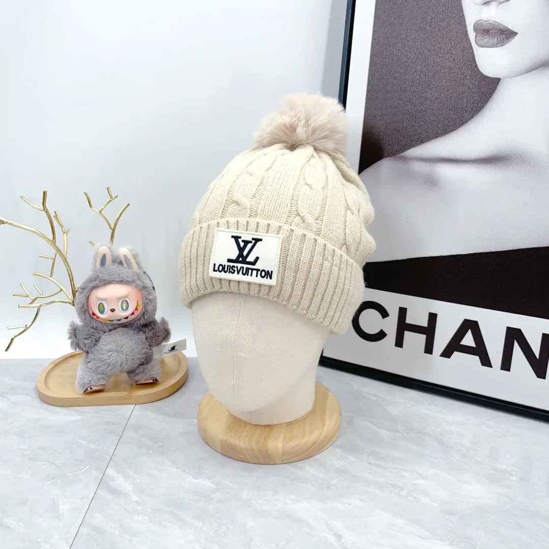 Louis Vuitton Wool Pom-Pom Hat and Scarf Set in Cream · view 2