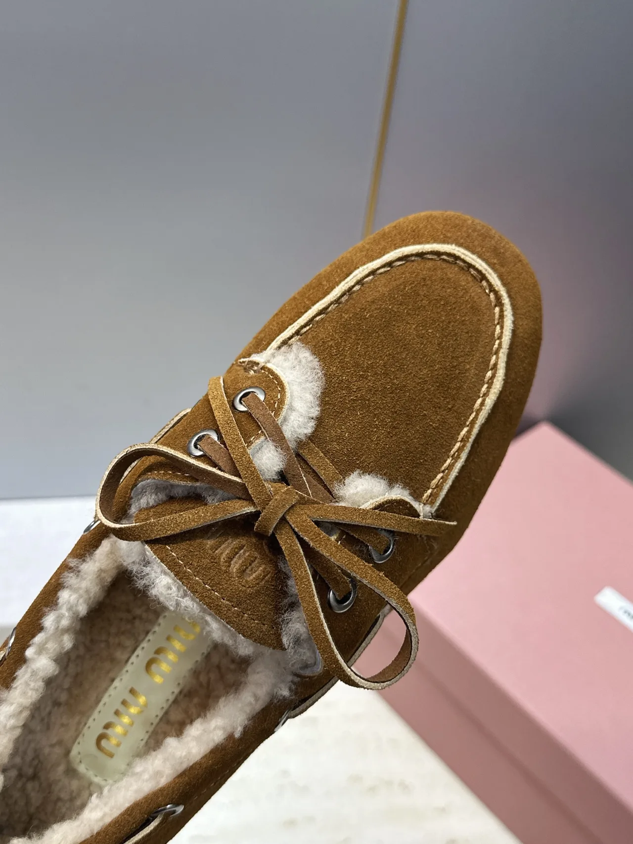 Miu Miu Calfskin Suede-Look Lined Moccasins in Brown · view 7