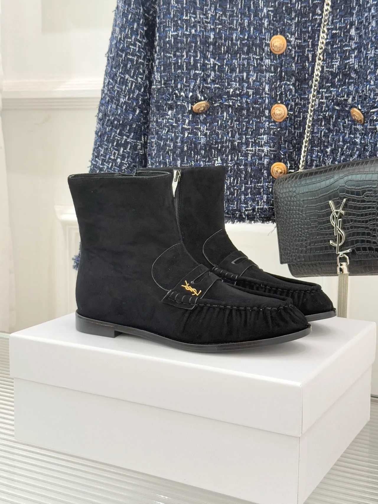 Saint Laurent Glossy Suede-Look Round-Toe Ankle Boots in Black · view 1