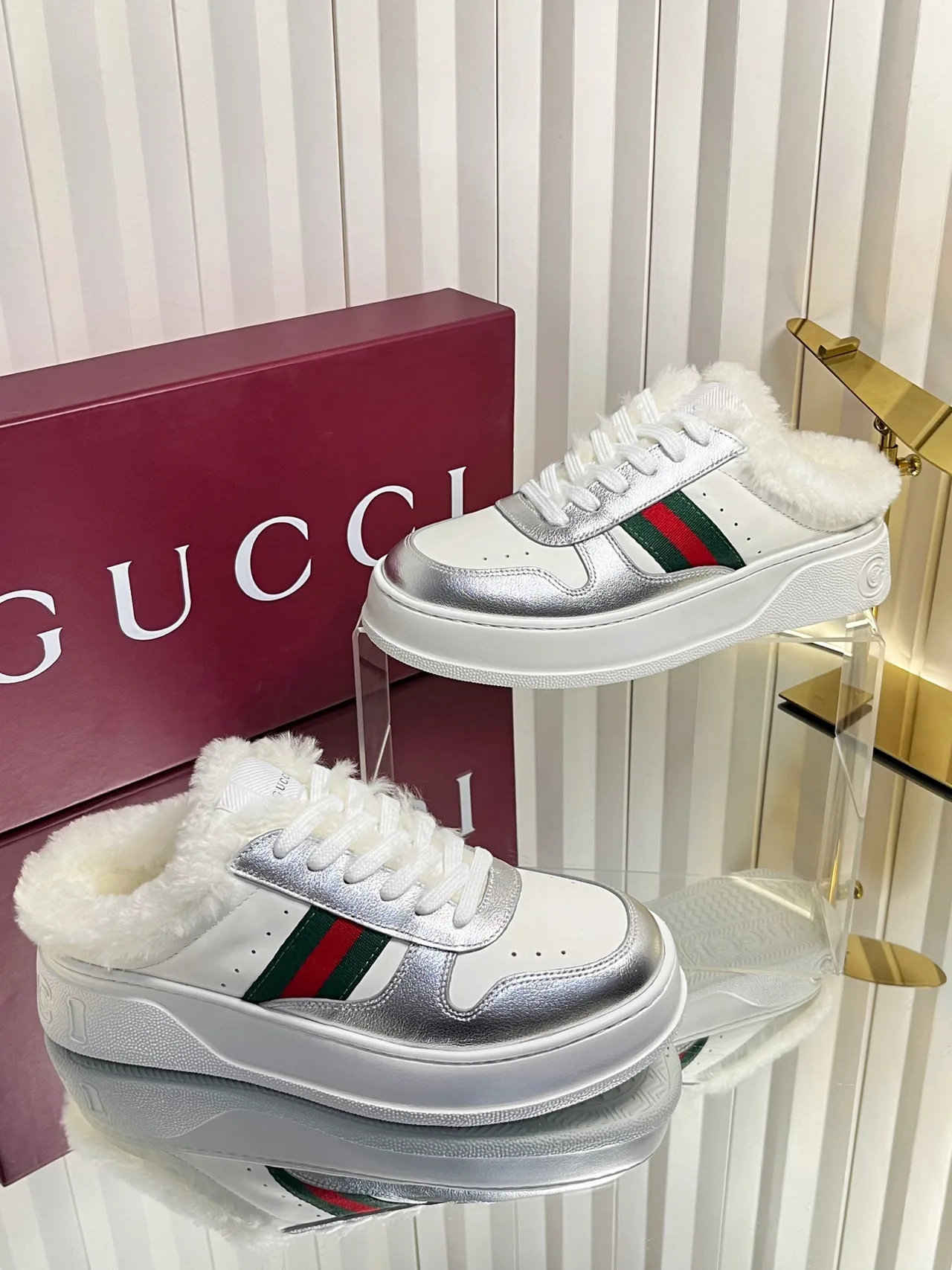 Gucci Wool Striped Lined Sneakers in White · view 6