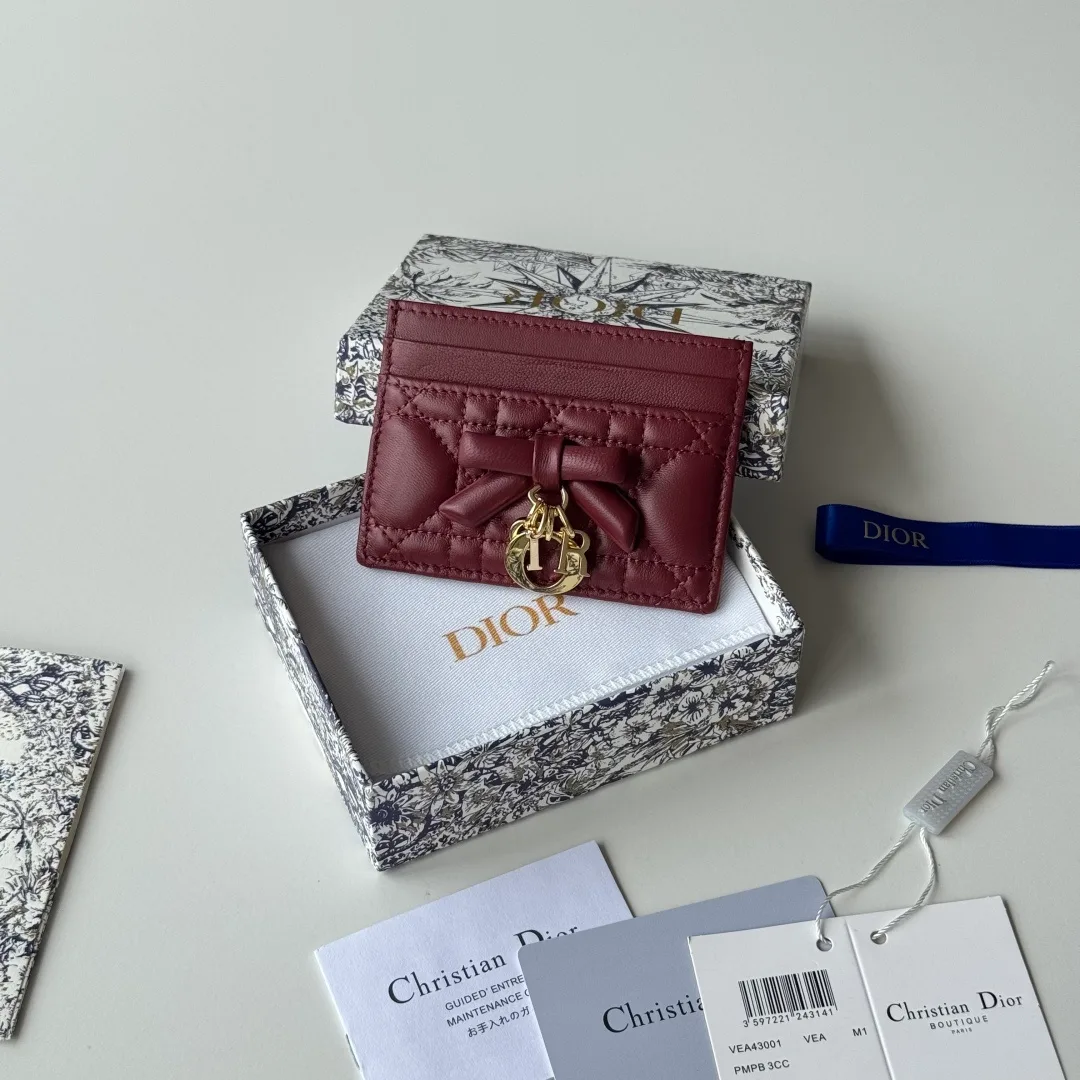 Dior Lambskin Quilted Bow Cardholder in Burgundy · view 1