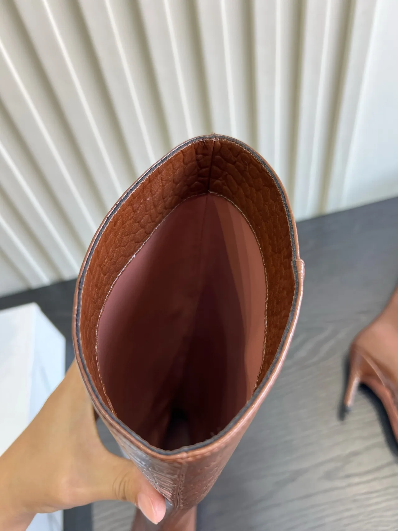 Amina Muaddi Cowhide Glossy Pointed-Toe Knee-High Boots in Brown · view 6