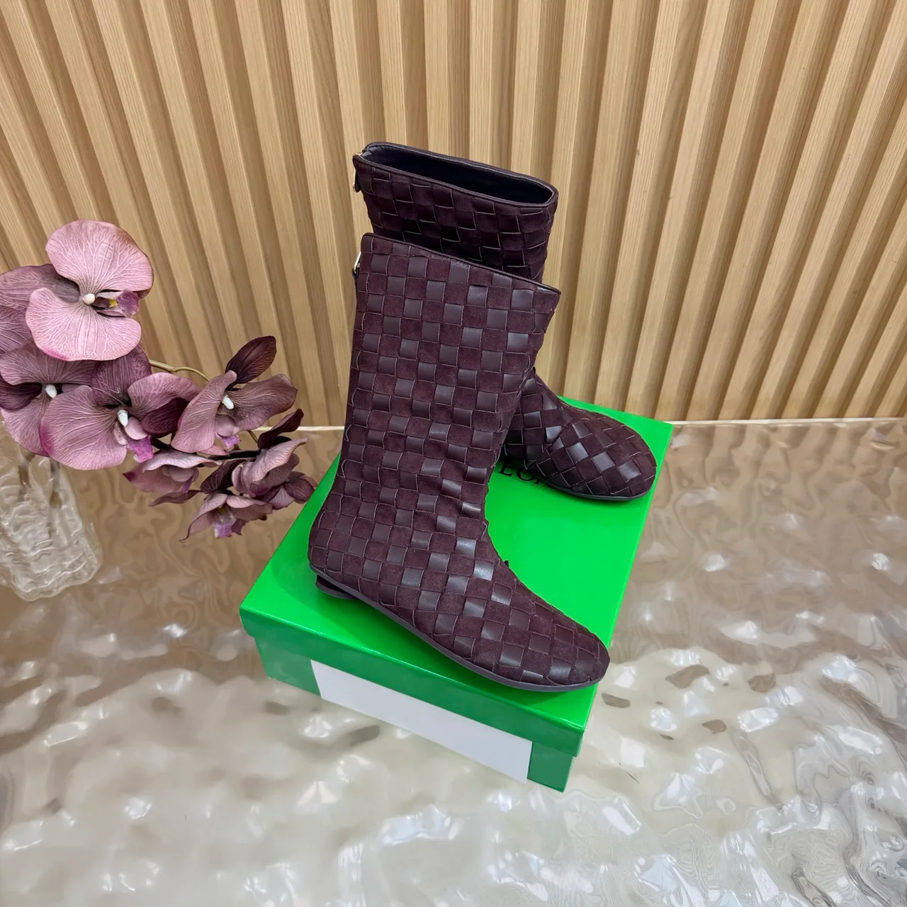 Bottega Veneta Woven Glossy Pointed-Toe Ankle Boots in Brown · view 2