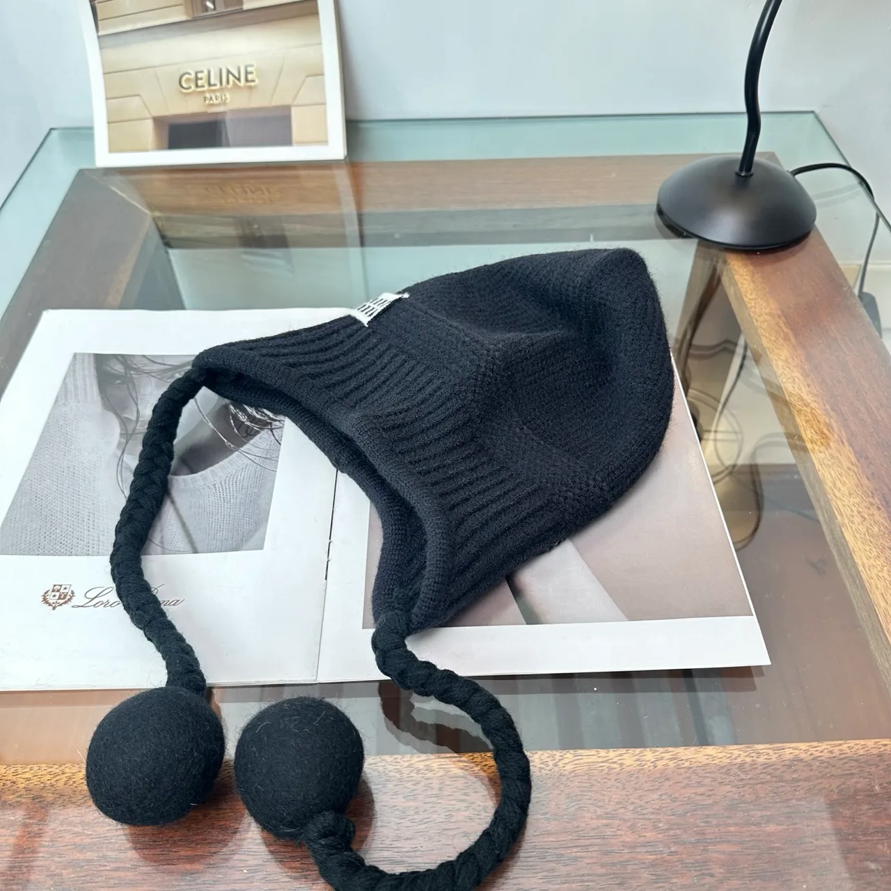 Miu Miu Ribbed Earflap Hat in Black · view 5