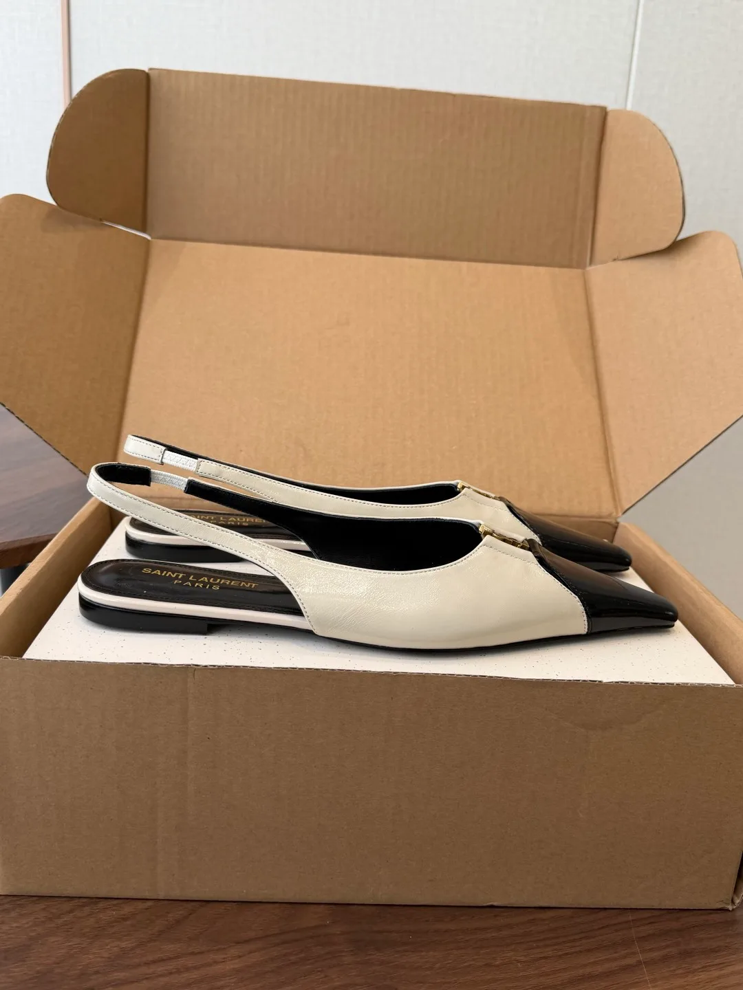 Saint Laurent Sheepskin Glossy Pointed-Toe Toe-Cap Slingback Pumps in White · view 2
