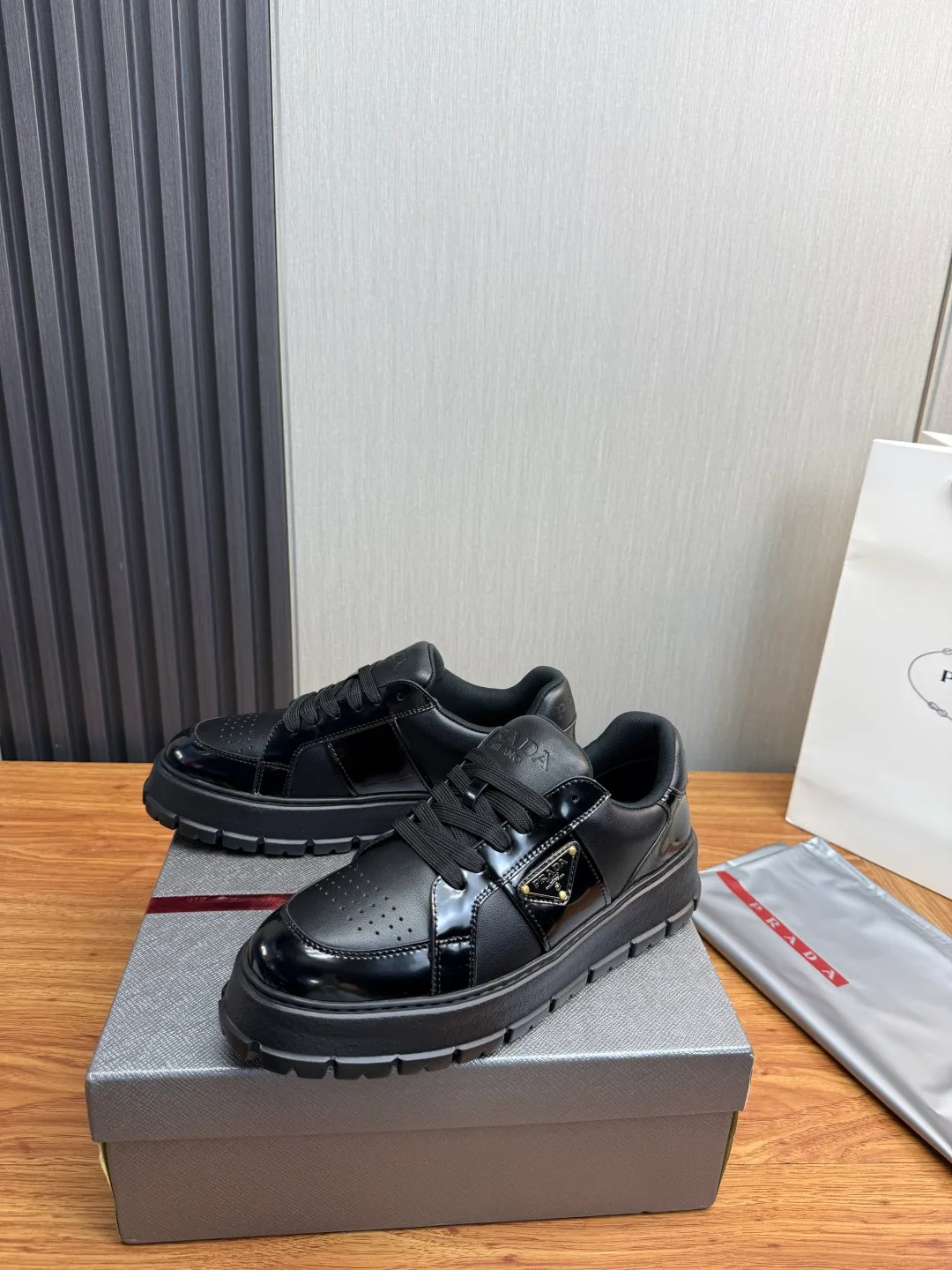 Prada Leather Sneakers in White & Black · view 3