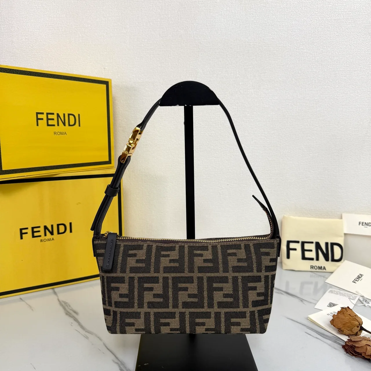 Fendi Baguette Cowhide FF-Monogram Open-Top Shoulder Bag in Brown · view 1