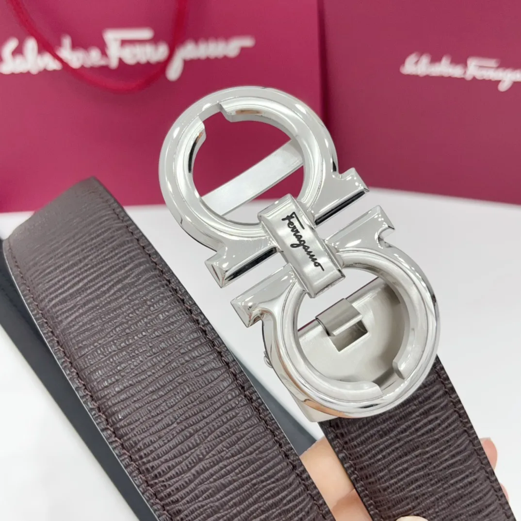 Ferragamo Calfskin Woven Ribbed Reversible Automatic Belt in Brown · view 6