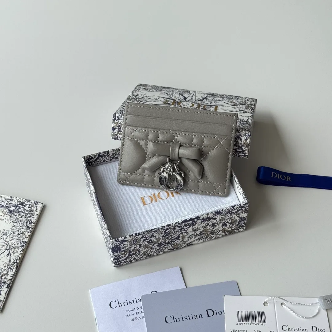 Dior Lambskin Quilted Bow Cardholder in Grey · view 1