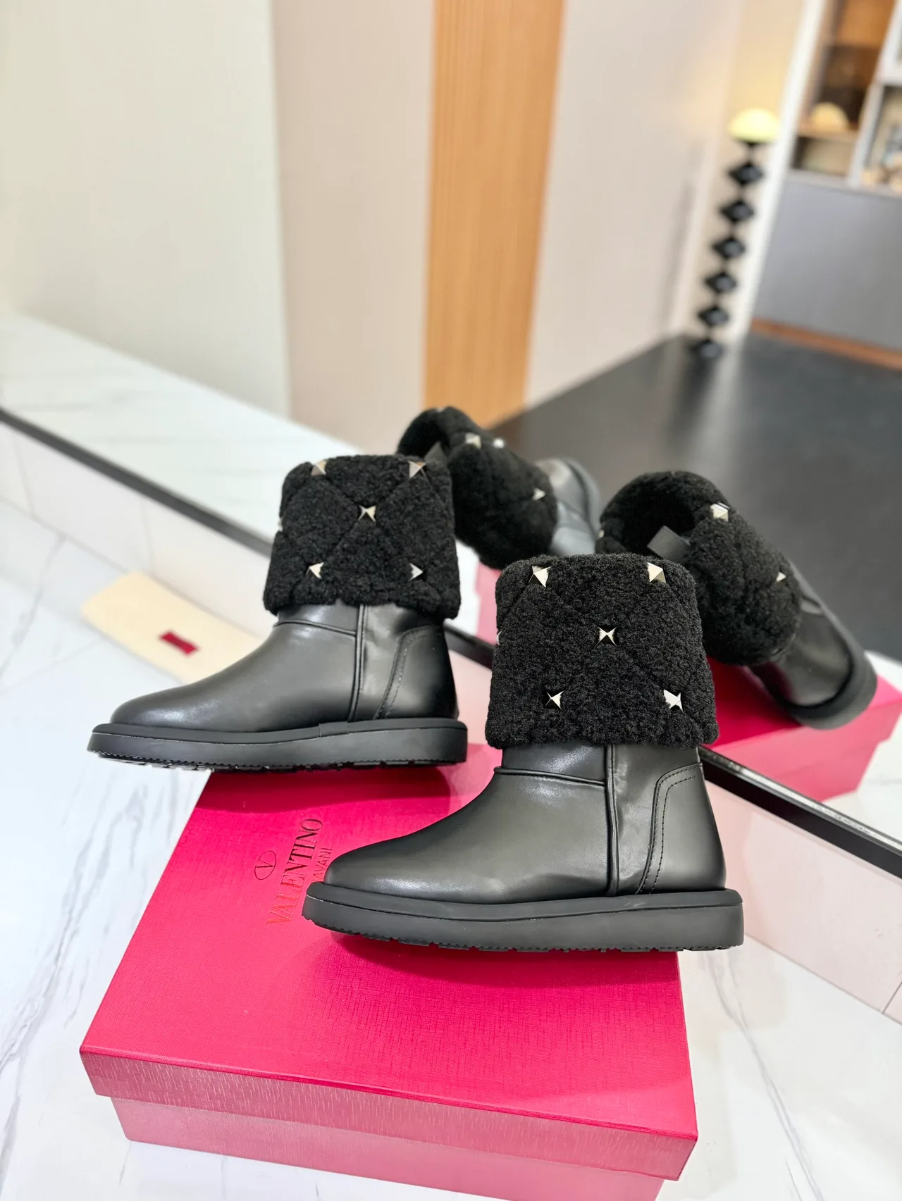 Valentino Cowhide Glossy Round-Toe Boots in Black · view 4