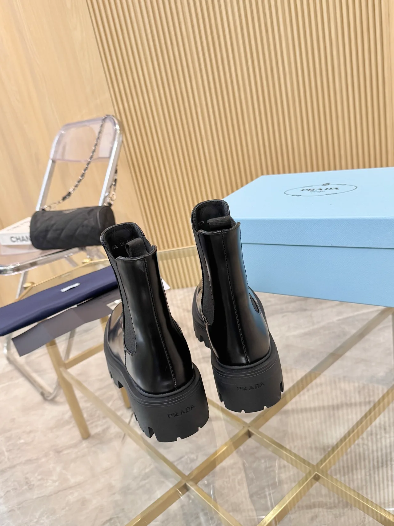 Prada Glossy Chelsea Boots in Black · view 6