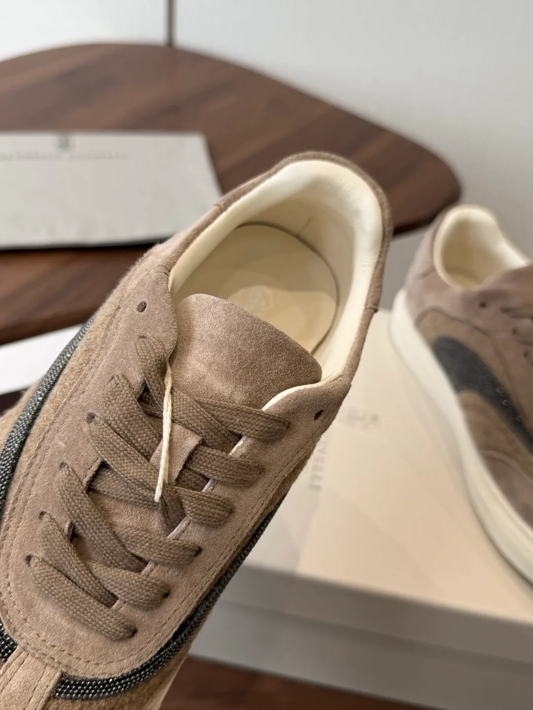 Brunello Cucinelli Cowhide Suede Panelled Lace-Up Sneakers in Grey · view 7
