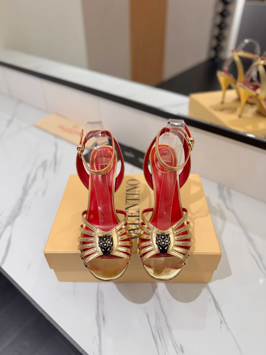 Valentino Ribbed Jewel-Bow Strap Sandals in Gold · view 3