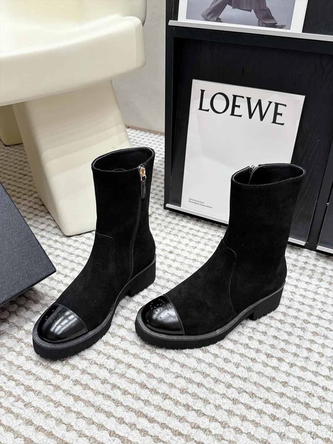 Loewe Cowhide Suede-Look Round-Toe Suede Ankle Boots in Black · view 3