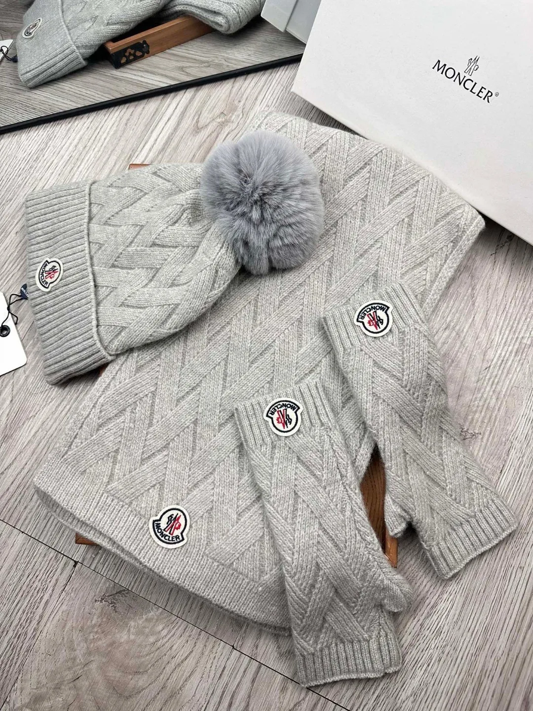 Moncler Wool Smooth Hat Scarf and Gloves Set in Grey · view 2