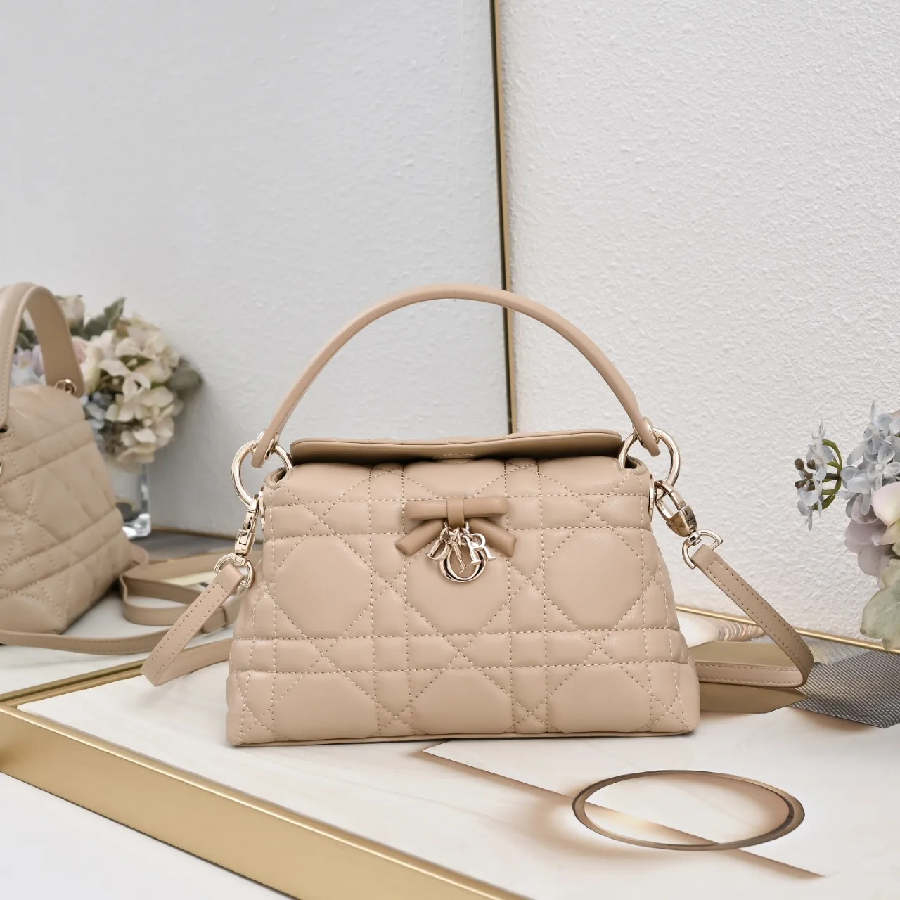 Dior Sheepskin Quilted Bow Top-Handle Bag in Beige · view 1