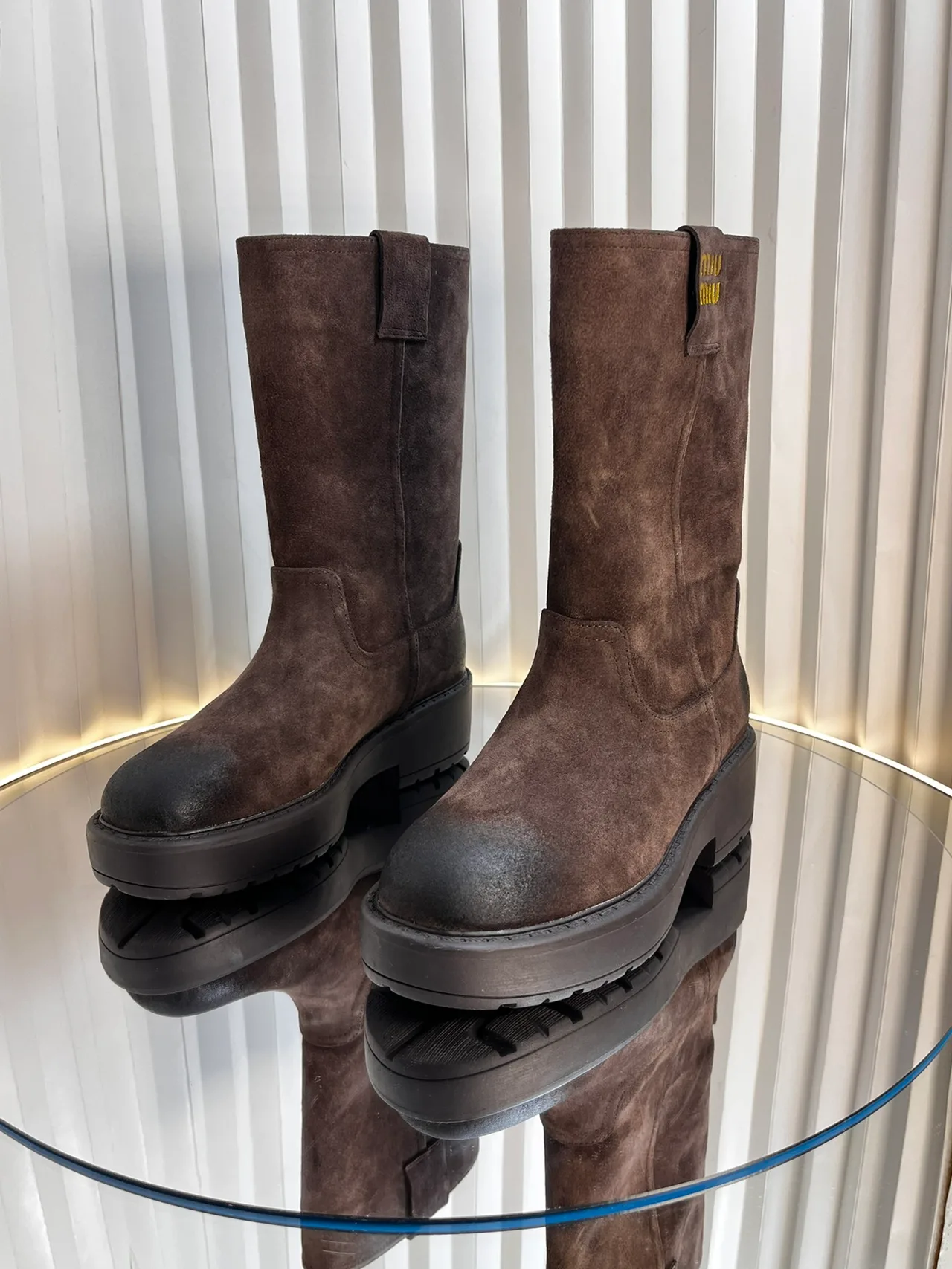 Miu Miu Calfskin Knee-High Boots in Brown · view 2