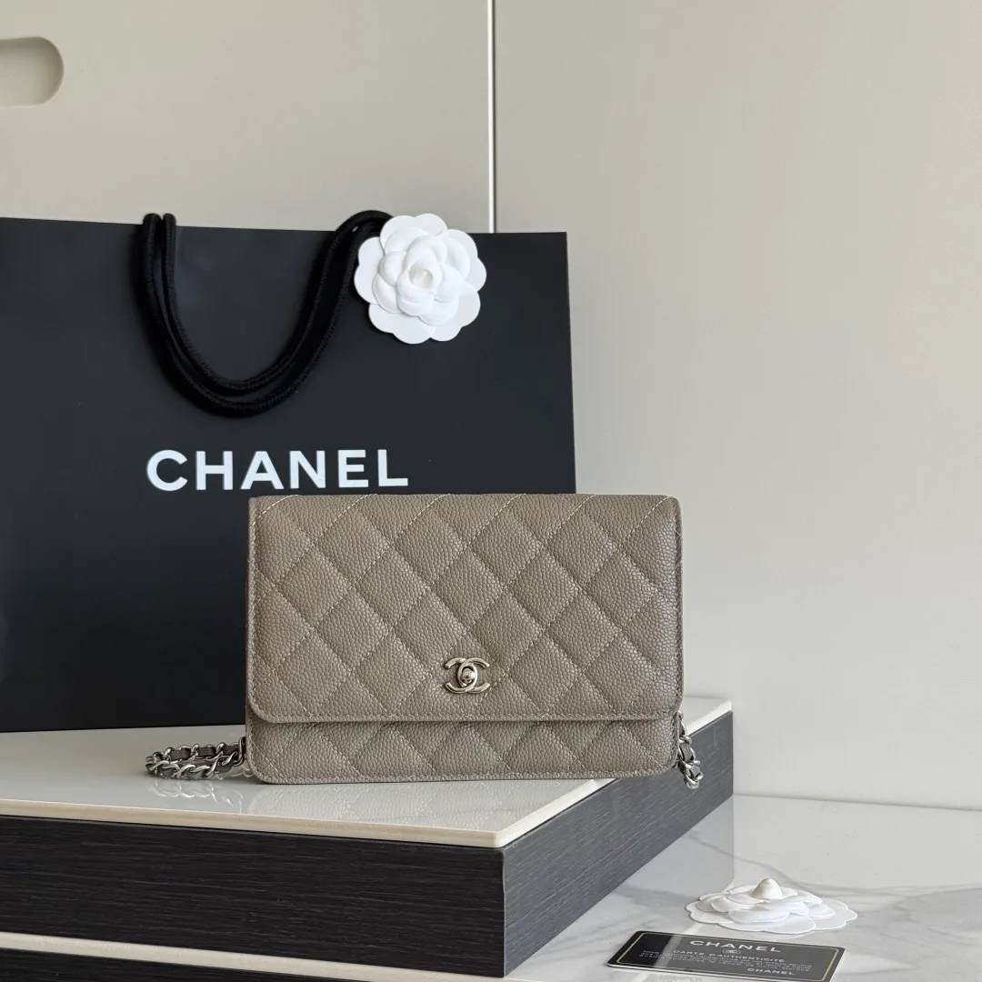 Chanel Calfskin Quilted Chain Wallet in Grey · view 1