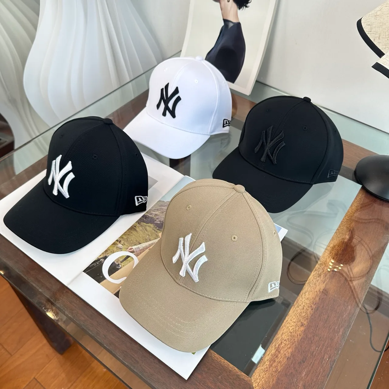New Era NY Baseball Cap in Black & White & Beige · view 2