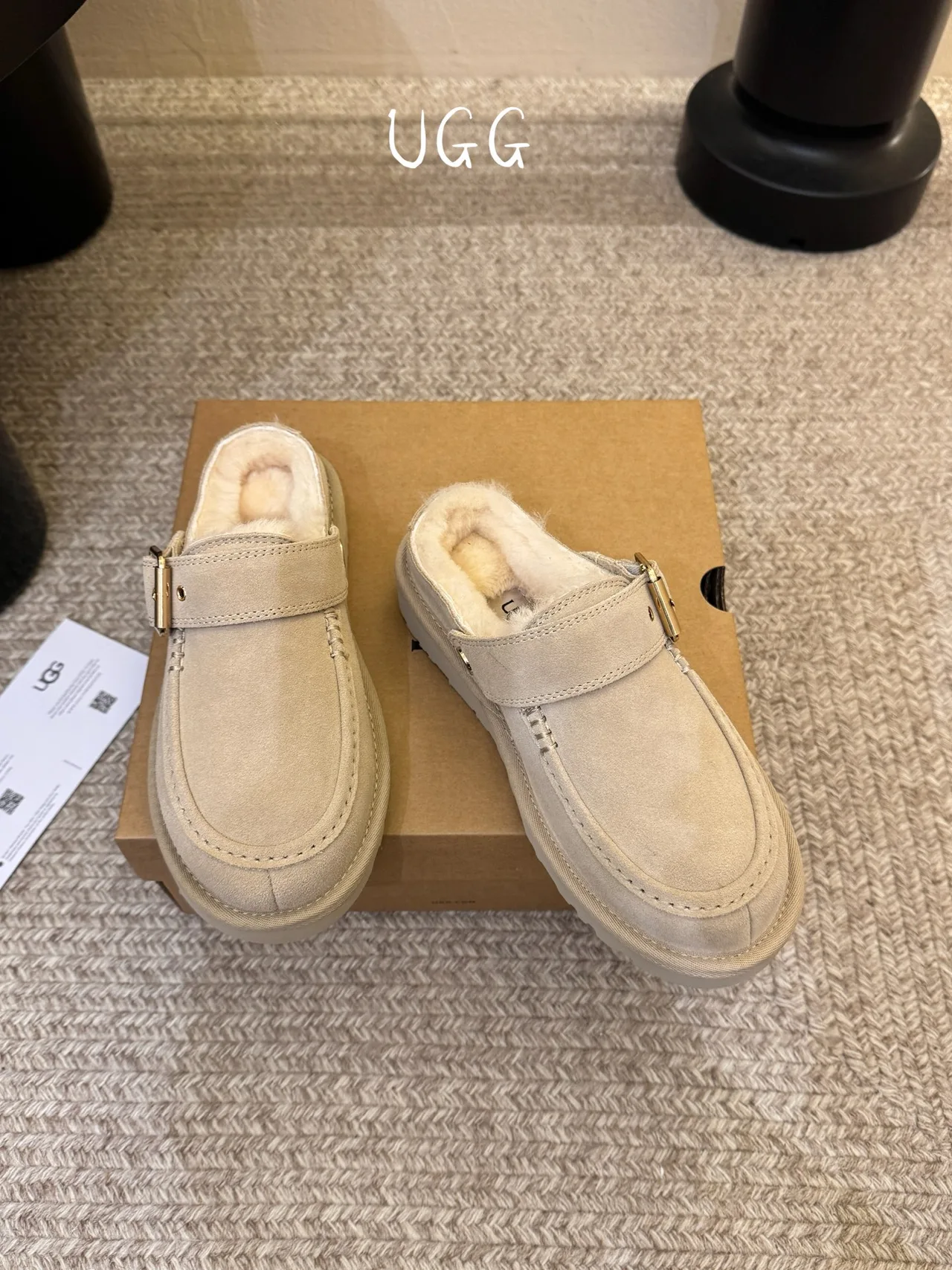UGG Wool Suede-Look Buckle Lined Loafer Mules in Beige · view 3