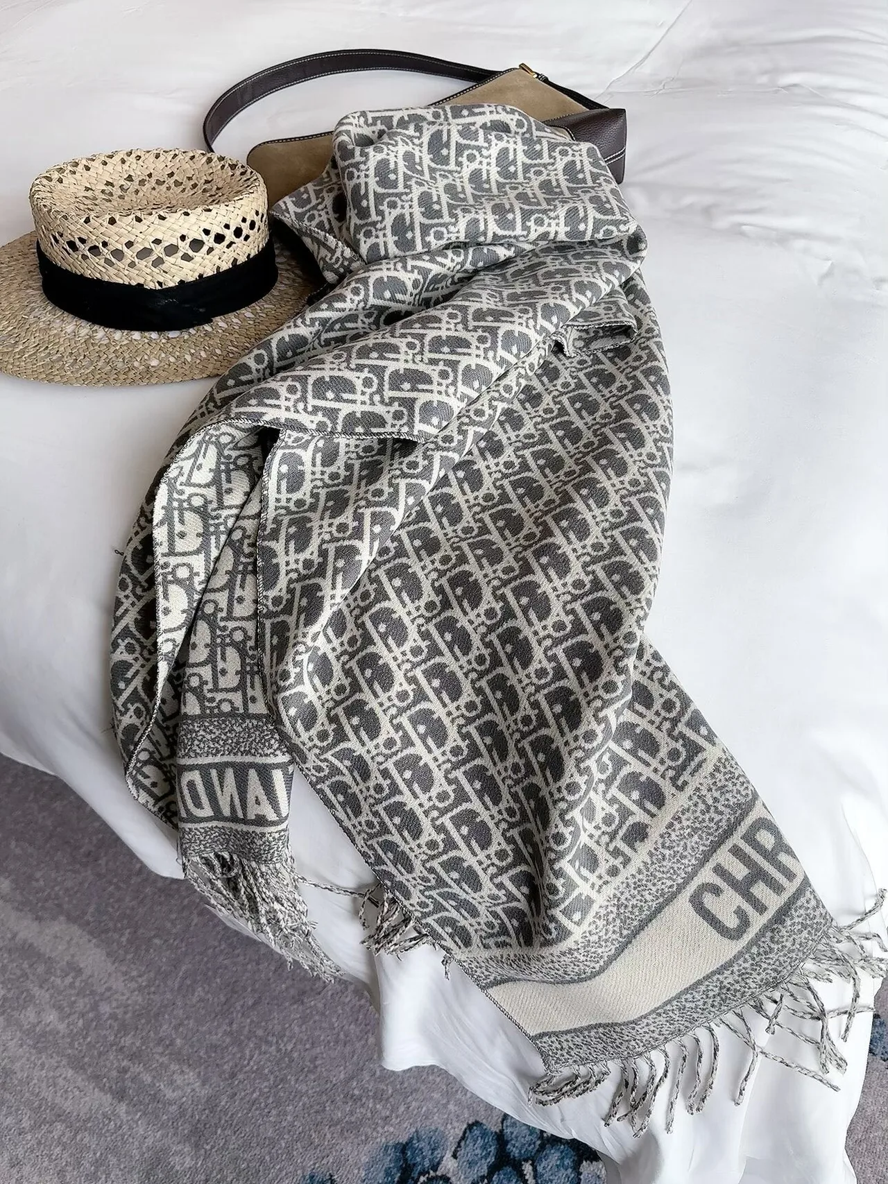 Dior Oblique Fringe Scarf in Grey & Beige · view 5