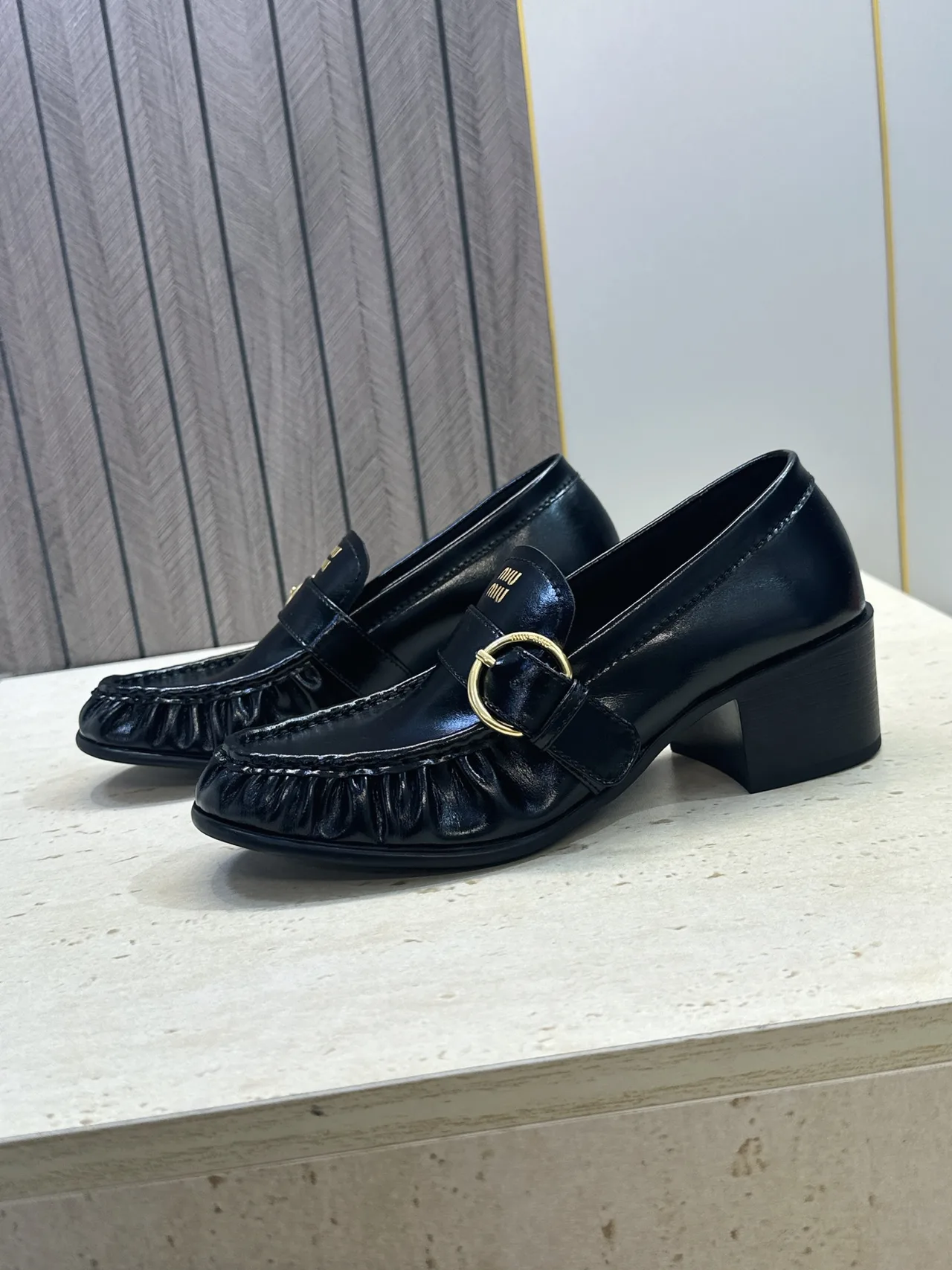Miu Miu Cowhide Sheepskin Square-Toe Buckle Heeled Loafers in Black · view 5