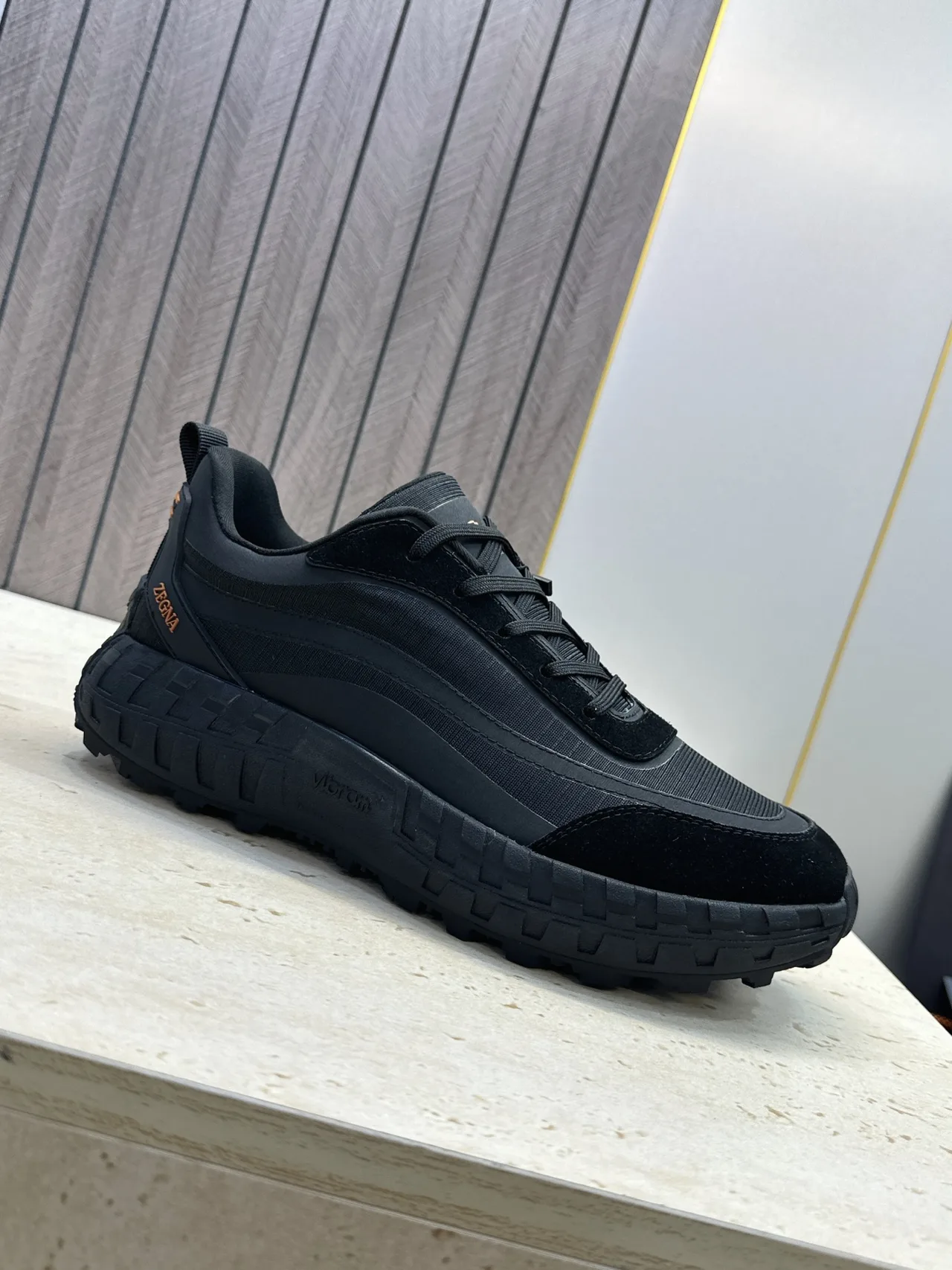 Zegna Suede-Look Round-Toe Sneakers in Black · view 6