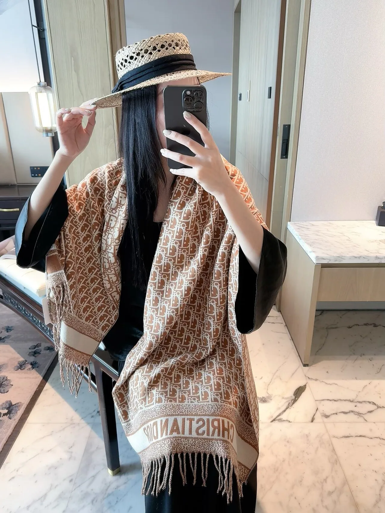 Dior Oblique Fringed Scarf in Tan & Black · view 4