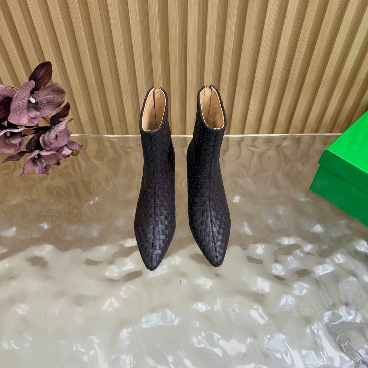 Bottega Veneta Woven Pointed-Toe Ankle Boots in Brown · view 5