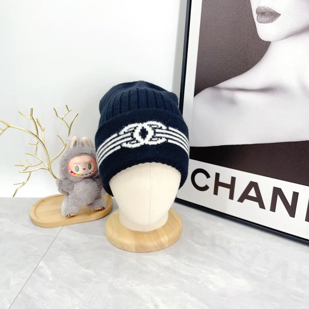 Chanel Ribbed Striped Beanie in Blue · view 2