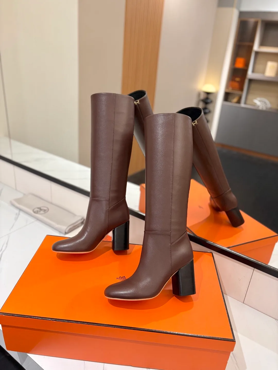 Hermes Cowhide Knee-High Boots in Brown · view 5
