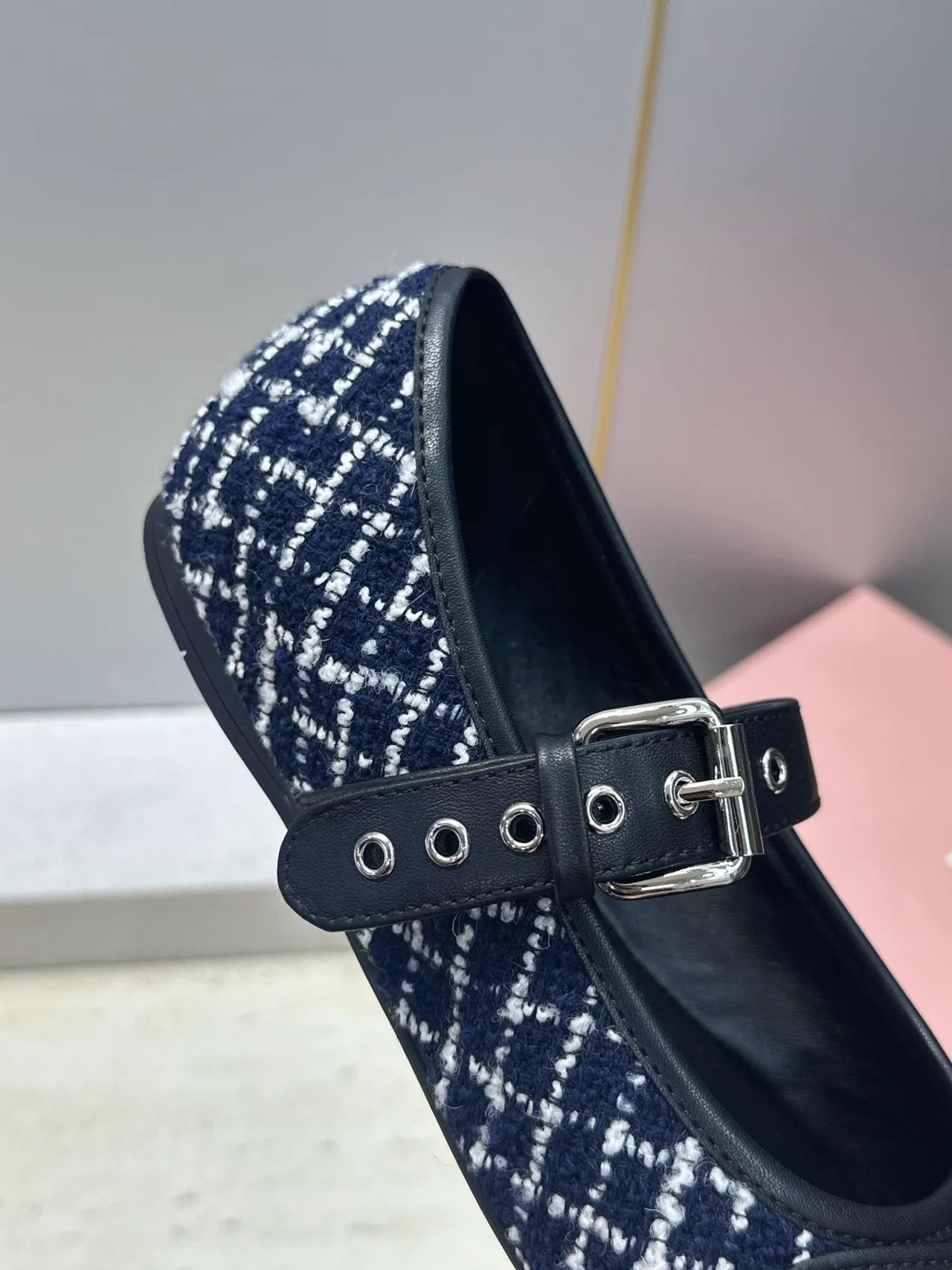 Miu Miu Calfskin Check Buckle Mary Jane Flats in Blue · view 8