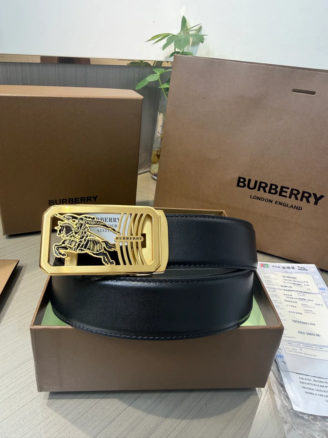 Burberry Calfskin Glossy Belt in Black · view 2