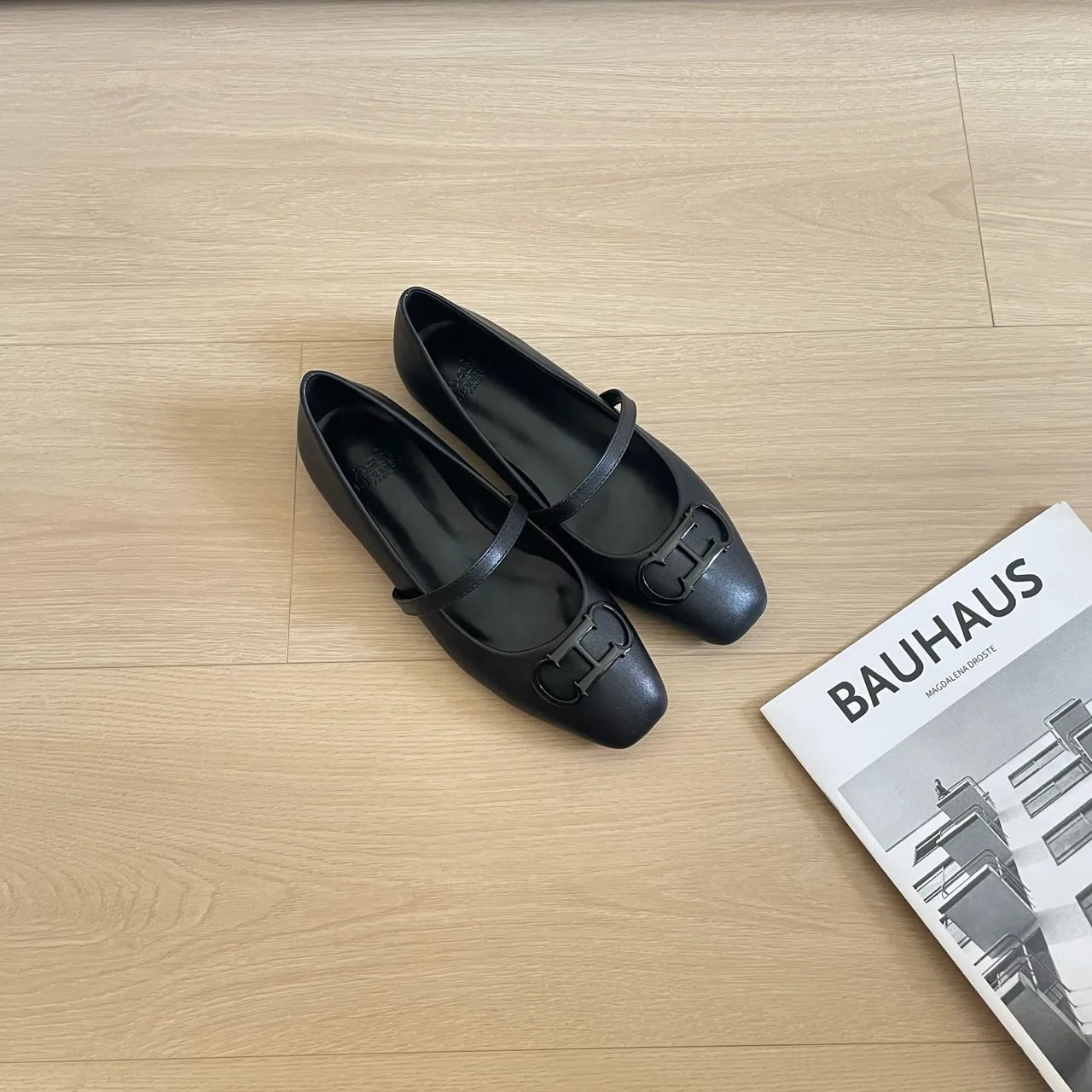 Hermes Leather Glossy Square-Toe Mary Jane Flats in Black · view 3