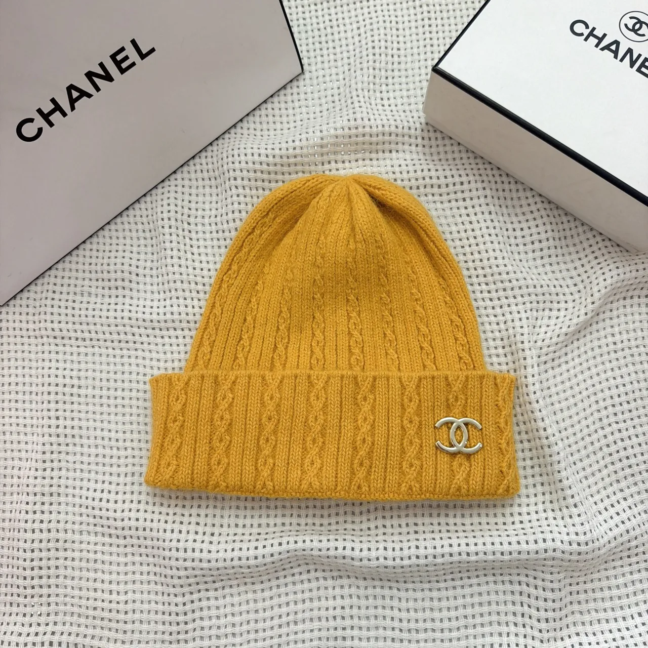 Chanel Beanie in Orange & Blue & White & Yellow & Grey & Pink · view 3